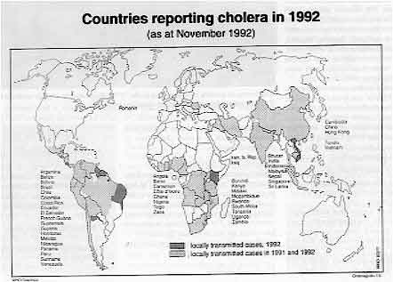 Countries reporting cholera in 1992